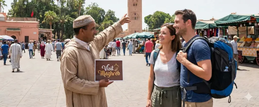 Marrakech tour guide leading visitors through the old medina and souks, morocco travel blogs