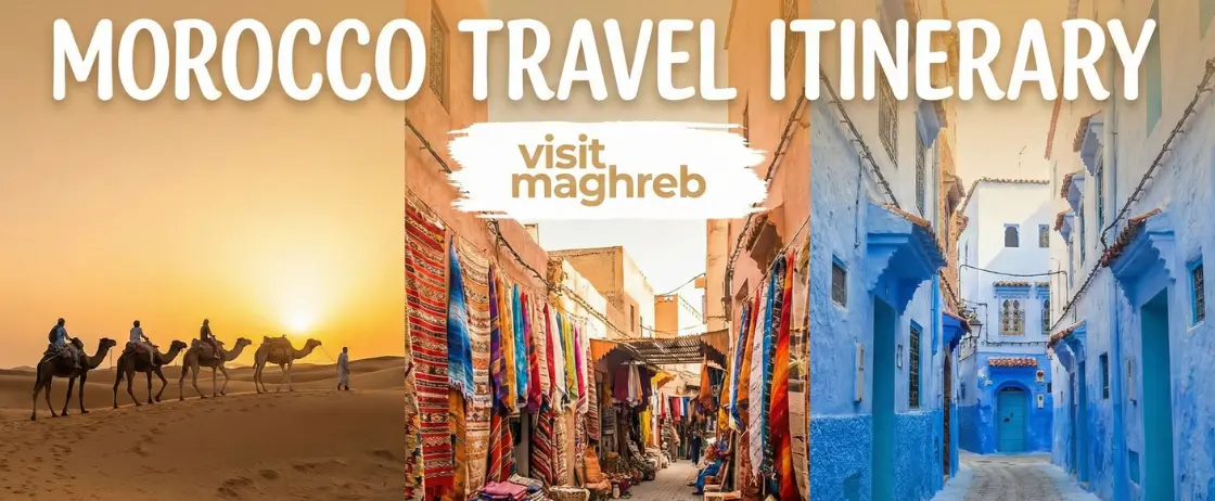 Morocco travel itinerary covering cities, desert, and Atlas Mountains